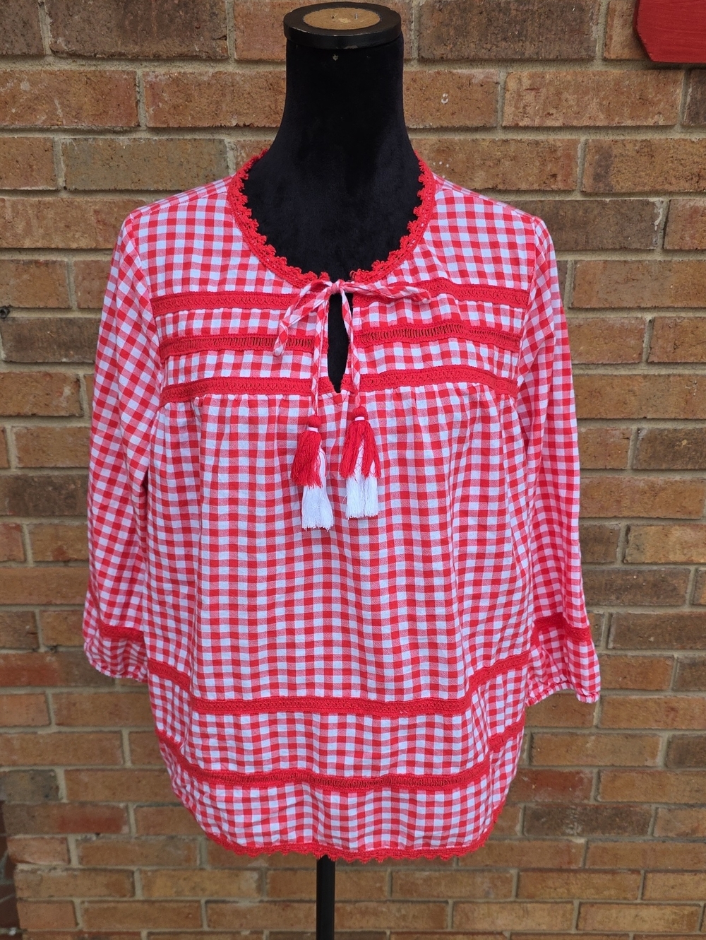 crown & ivy Red and White Gingham Tie-Neck Peasant Blouse